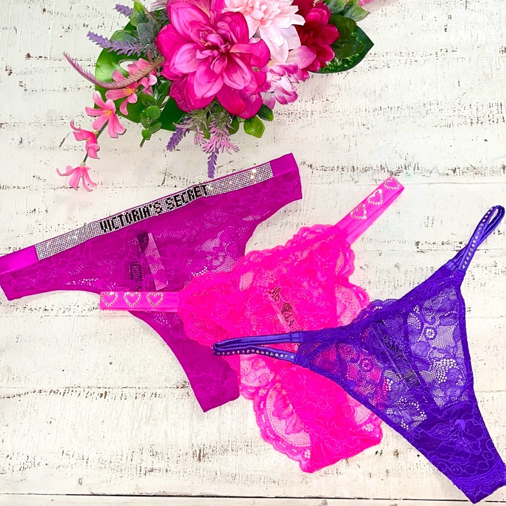 Pink Valentines Bundle of 3 VS Shine Strap Satin Lace Bling Panties